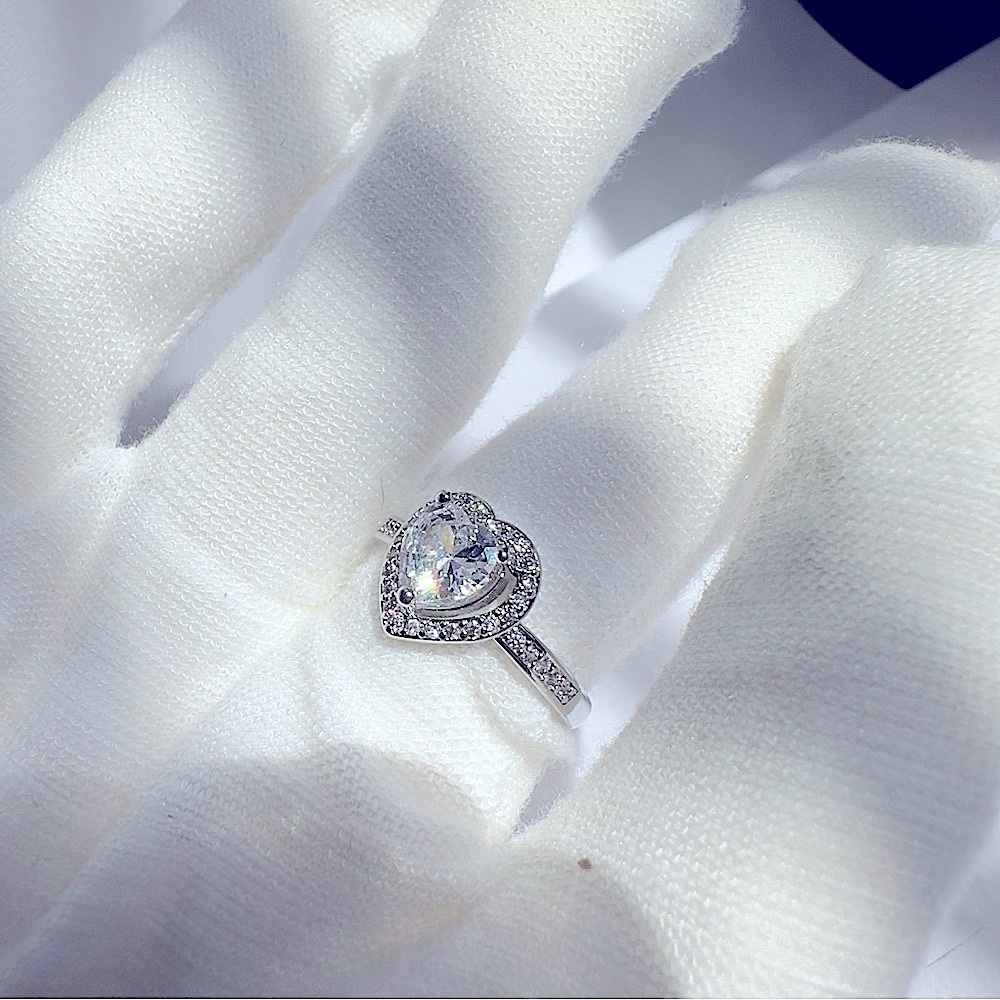 Silver Heart Cut Stone Ring with Pave - Picture 3 of 14